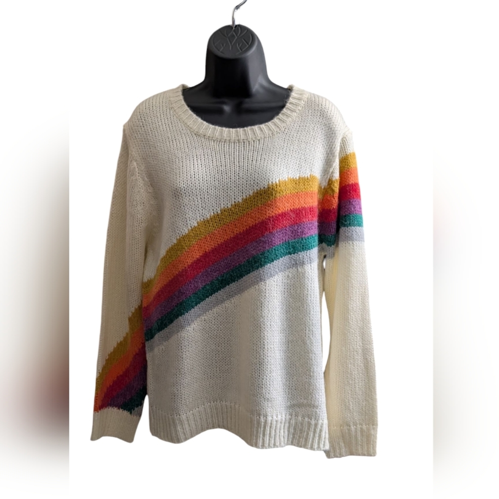 🆕 Women's SIZE X-Large Dreamers Ivory & Rainbow Knit Print Sweater